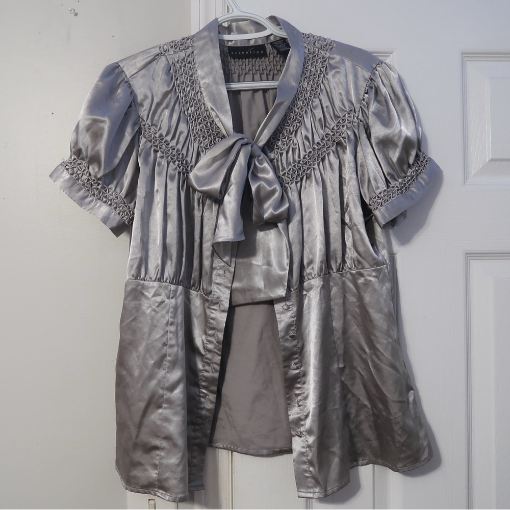 satin silver button down tie top